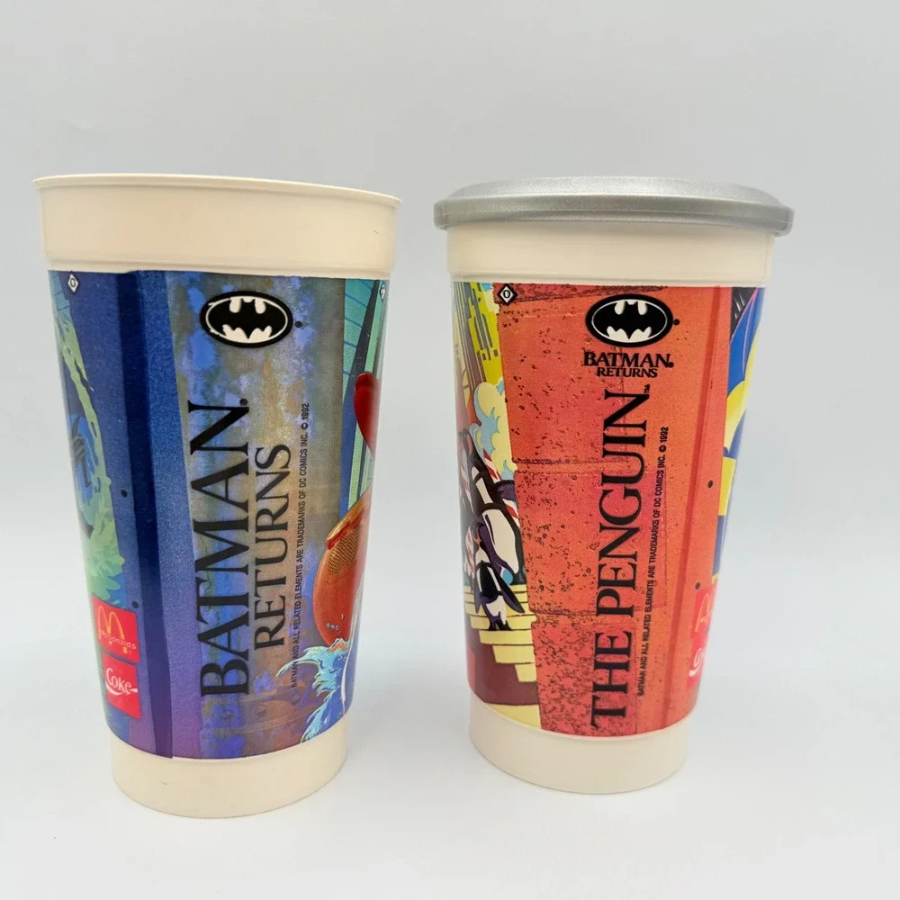Vintage 1992 McDonalds Batman Returns Cups The Penguin Batdisc Lid Set of 2